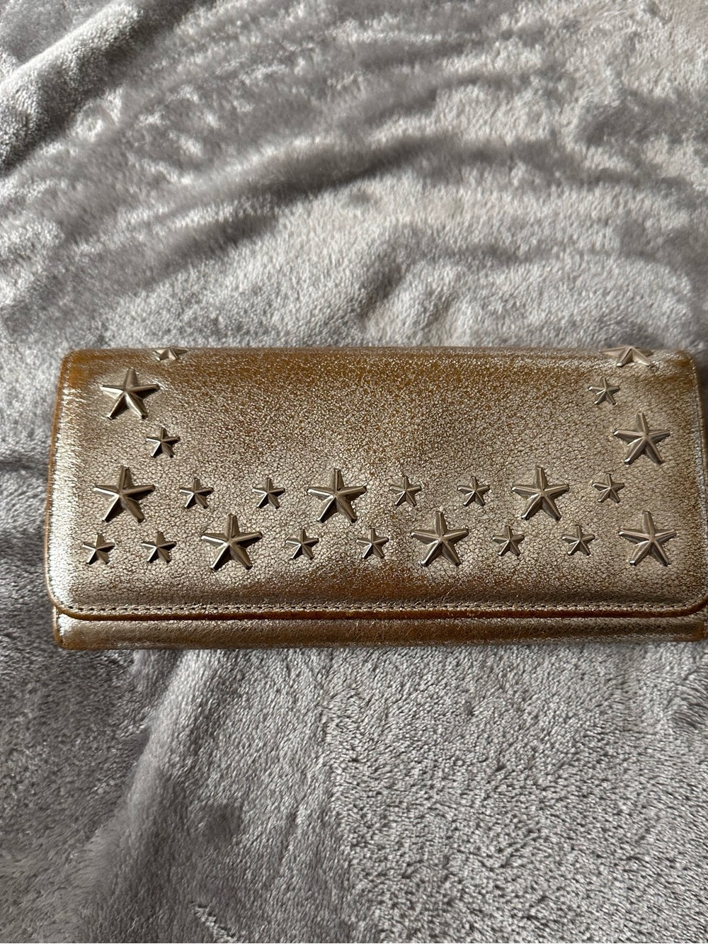 Jimmy Choo Distressed Metallic Silver Star Studded Embellished Long Wallet Used